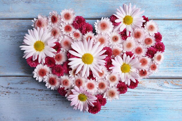 Photo beautiful flowers in heart shape on wooden background