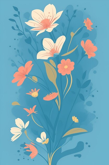 Beautiful flowers illustration vertical composition in blue tone