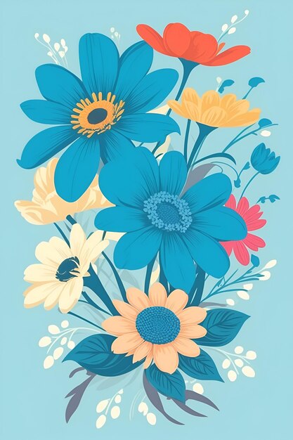 Beautiful flowers illustration vertical composition in blue tone