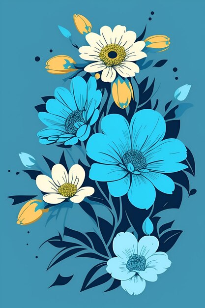 Beautiful flowers illustration vertical composition in blue tone