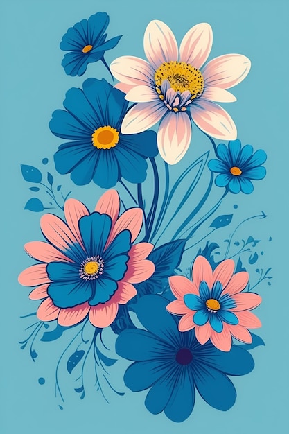 Beautiful flowers illustration vertical composition in blue tone