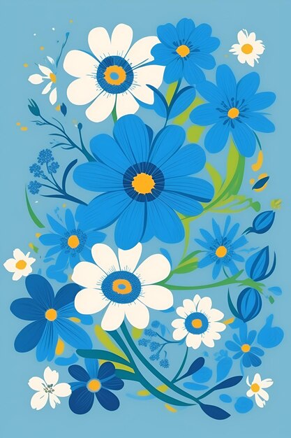 Beautiful flowers illustration vertical composition in blue tone