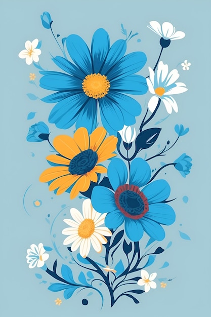Beautiful flowers illustration vertical composition in blue tone