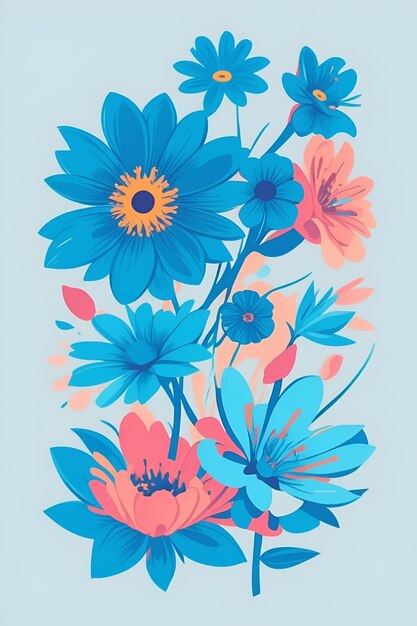 Beautiful flowers illustration vertical composition in blue tone