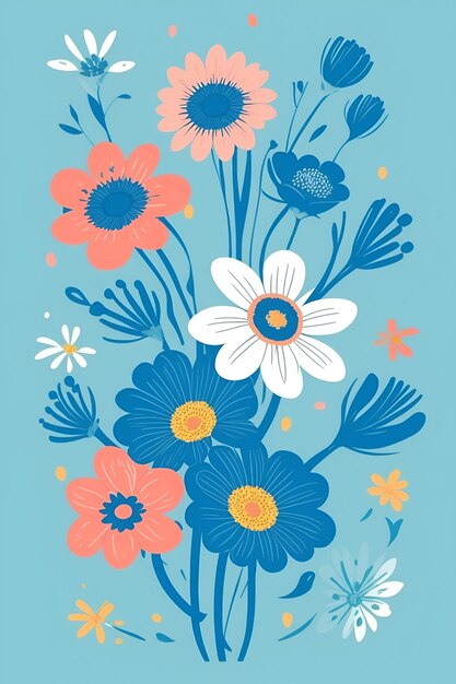 写真 美しい花のイラスト 青い色で垂直の構成