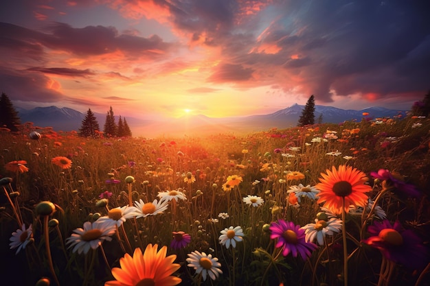 Beautiful flowers meadow at sunse