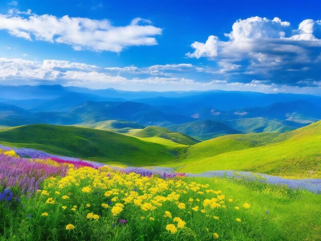 Beautiful flowers in the mountains with blue sky natural beauty