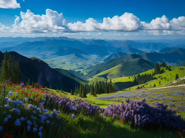 Beautiful flowers in the mountains with blue sky natural beauty
