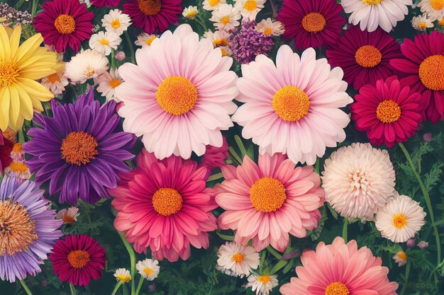 Beautiful flowers multicolored asters in garden on summer day