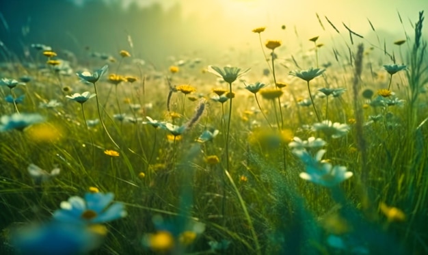 잔디와 태양이 있는 야외의 아름다운 꽃