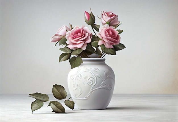 Beautiful flowers pink roses Roses in vase on shelf against white wall AI Generated