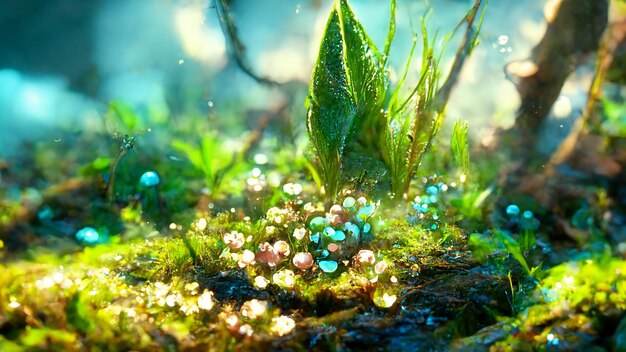 Beautiful flowers and plants growing on 3d planet