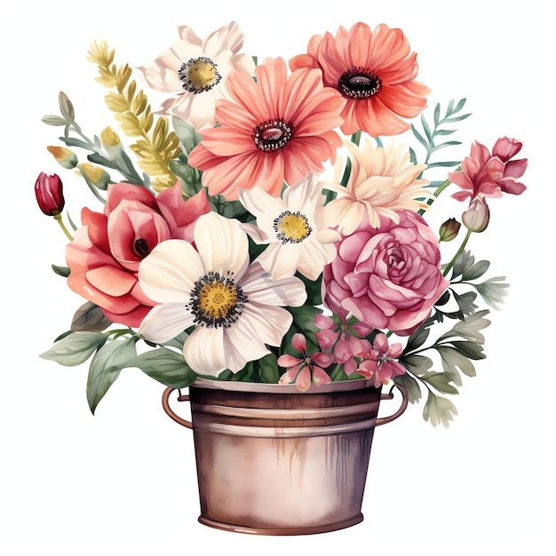 beautiful flowers in a pot in a boho style clipart illustration