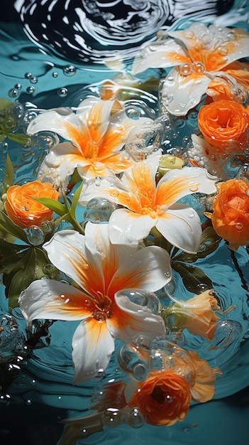 Beautiful flowers reflected in water closeup Floral background