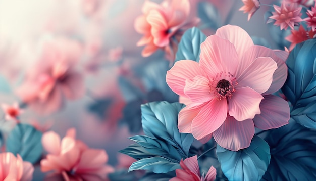 Beautiful flowers on soft tones and pastels backdrop Natural floral background