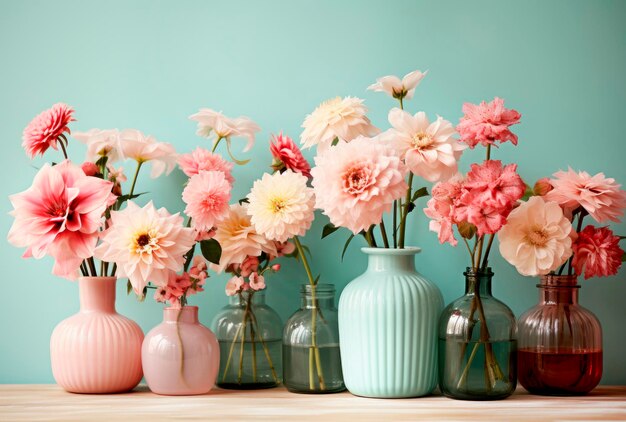 beautiful flowers in a vase on a pastel background