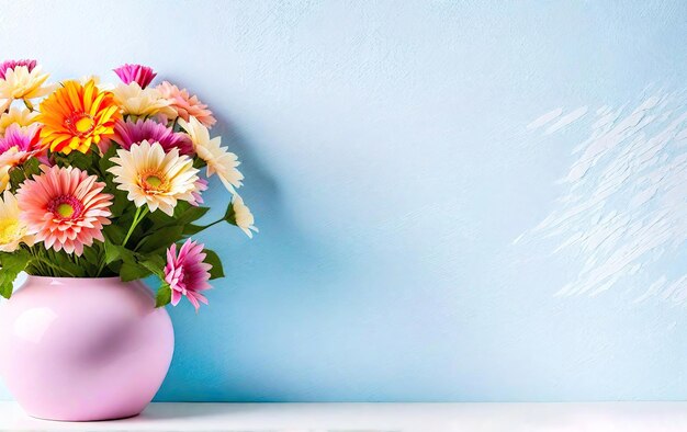 Beautiful flowers in a vase on a white table near the wall Place for text