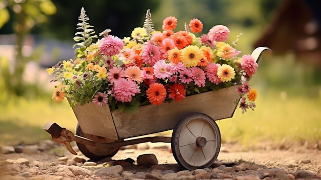 Beautiful flowers wheel barrow AI Generated pictures