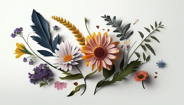 Beautiful flowers on a white background digital art illustration Generative AI