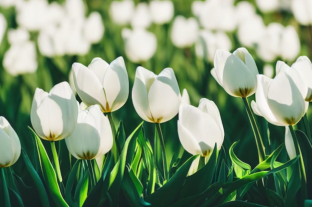 Beautiful flowers white tulips in spring glade in forest