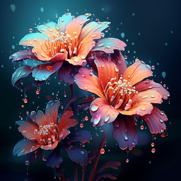 Beautiful Flowers with Water Drops AI Generated Illustration