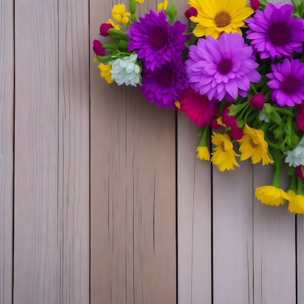 Beautiful flowers on a wooden background A Wooden flooring against beautiful flowers garden