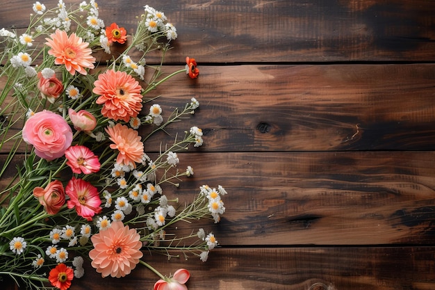 beautiful flowers on wooden background