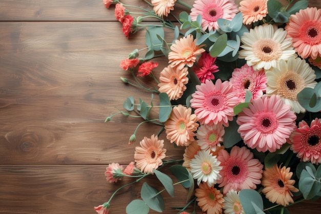 beautiful flowers on wooden background