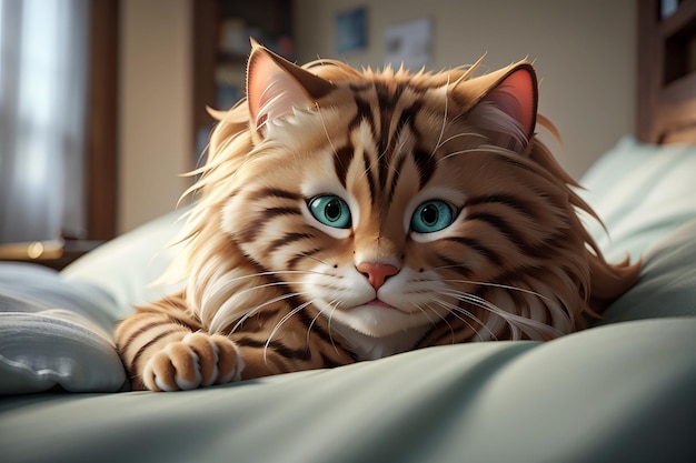 Beautiful fluffy cat in bed