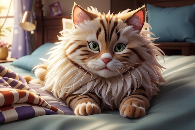 Beautiful fluffy cat in bed