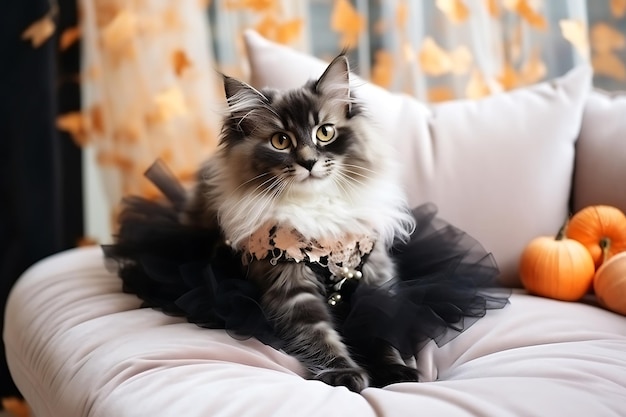 Beautiful fluffy cat in a black skirt posing on a white sofa next to orange pumpkins