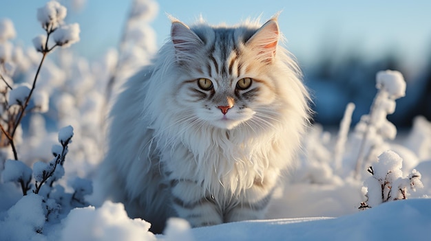 красивая пушистая кошка зимой в парке