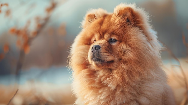 A beautiful fluffy chow chow dog with a light brown coat is sitting outside in the snow