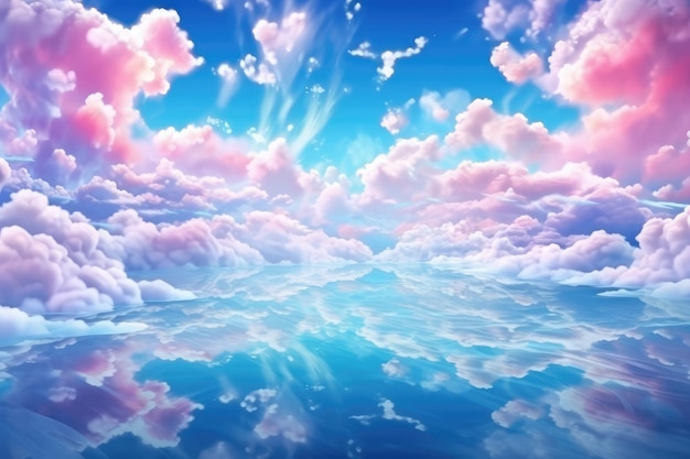 Beautiful fluffy sky with clouds reflected in the water Nature background