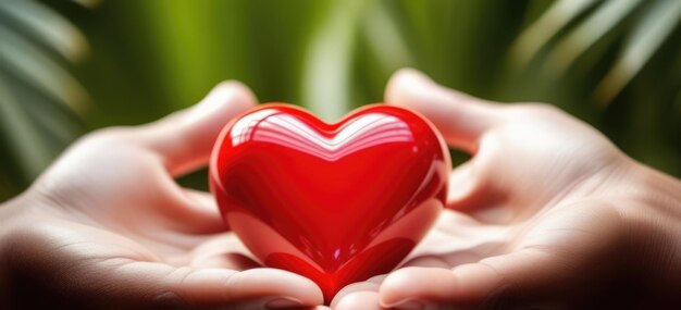 Foto un bellissimo cuore rosso lucido e voluminoso giace sul palmo in primo piano. la mano della donna tiene il cuore.