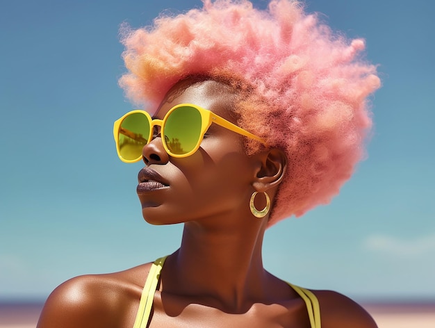beautiful fluo curly afroamerican woman oink fluo hair green sunglasses