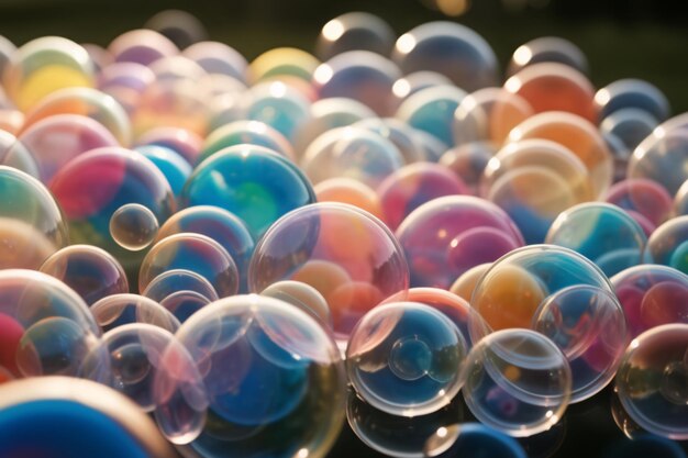 Photo beautiful flying soap bubbles on natural abstract multicolored background