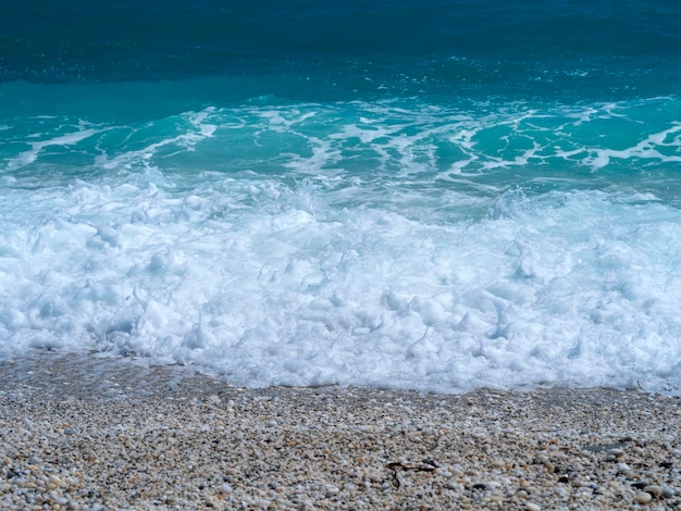 Beautiful foam waves on a sunny day in the Aegean Sea on the island in Greece