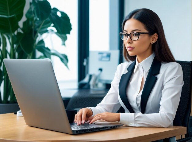 Beautiful and focused businesswoman typing on her laptop at a modern office desk