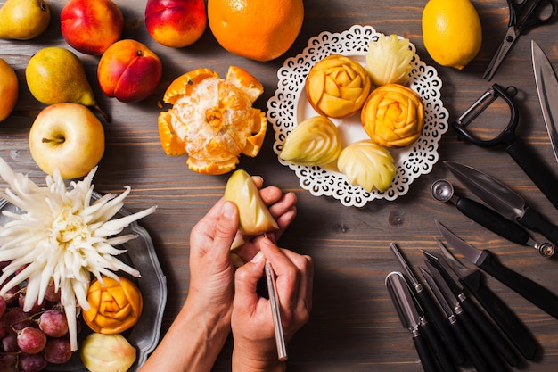 The beautiful food - carved flowers from fruits, art of thailand