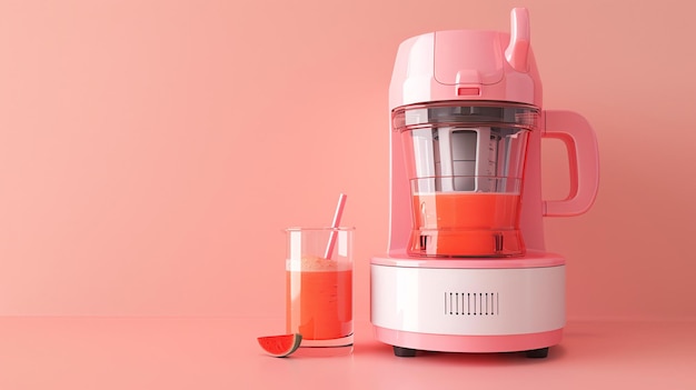 A beautiful food photography image of a watermelon being juiced in a pink juicer The juicer is sitting on a pink table