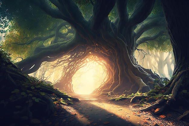 Beautiful forest fantasy landscape A dense forest the sun's rays make their way through the trees AI