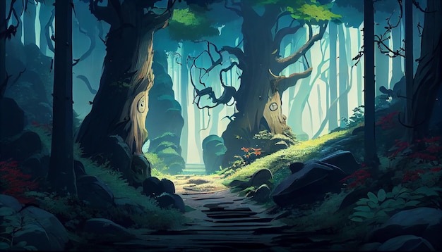 Beautiful forest illustration nature background Generative AI