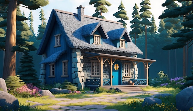 Beautiful forest landscape blue art cottage house pictures AI Generated image