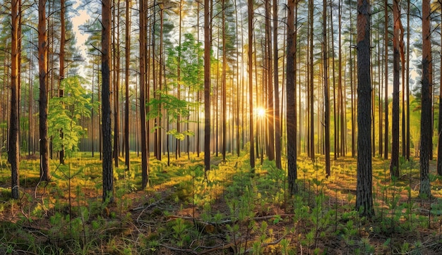 Photo beautiful forest landscape with tall trees and sunlight shining through the branches