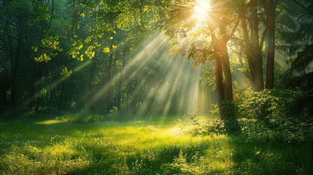 写真 樹木の中を輝く明るい太陽と美しい森のパノラマ