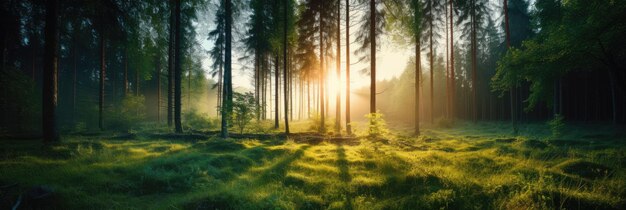 大きな木と明るい太陽のある美しい森のパノラマ
