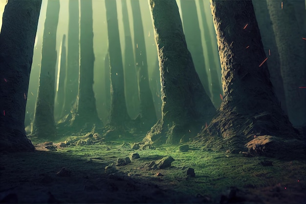 Beautiful forest path as panorama background Concept art Digital painting Fantasy illustration