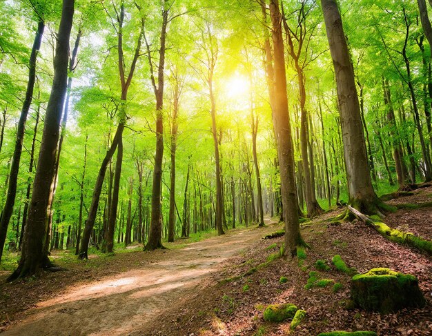 Beautiful forest in spring with bright sun shining through the trees