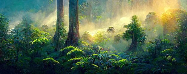 A beautiful forest with big fairytale trees on a summer morning with sunbeams Digital Painting Background Illustration